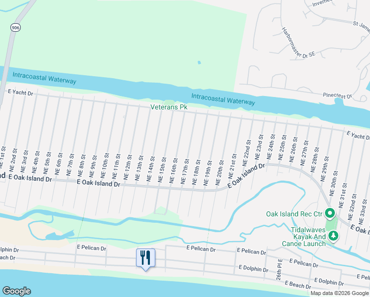 map of restaurants, bars, coffee shops, grocery stores, and more near 136 Northeast 16th Street in Oak Island