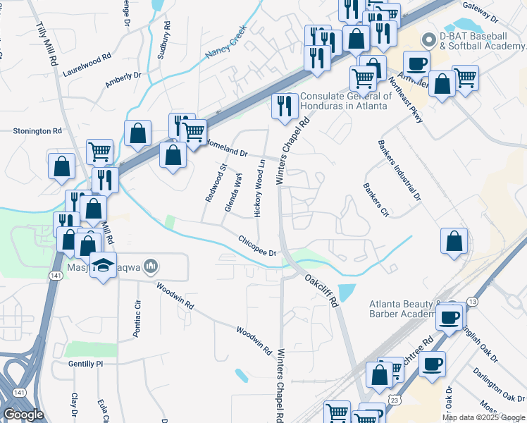 map of restaurants, bars, coffee shops, grocery stores, and more near 4351 Hickory Wood Lane in Atlanta