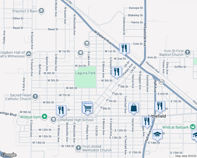 map of restaurants, bars, coffee shops, grocery stores, and more near 517 West 5th Street in Littlefield