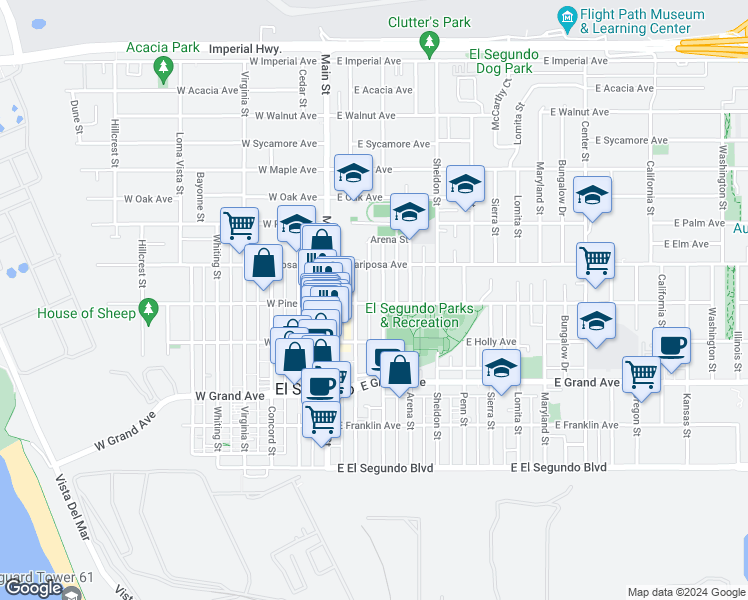 map of restaurants, bars, coffee shops, grocery stores, and more near 211 East Pine Avenue in El Segundo