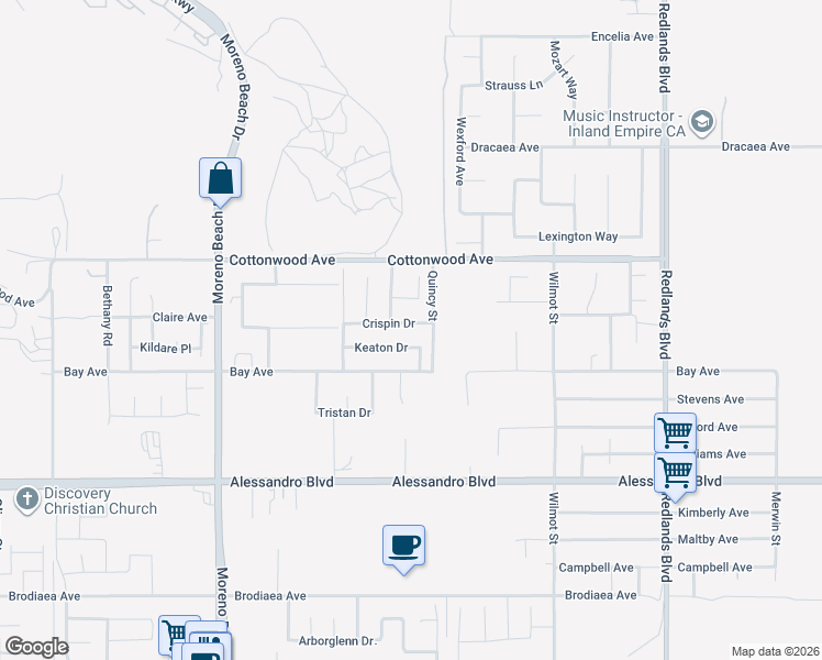 map of restaurants, bars, coffee shops, grocery stores, and more near 28445 Crispin Dr in Moreno Valley