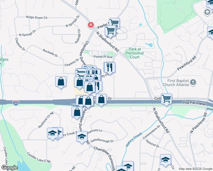 map of restaurants, bars, coffee shops, grocery stores, and more near 1850 Cotillion Drive in Dunwoody
