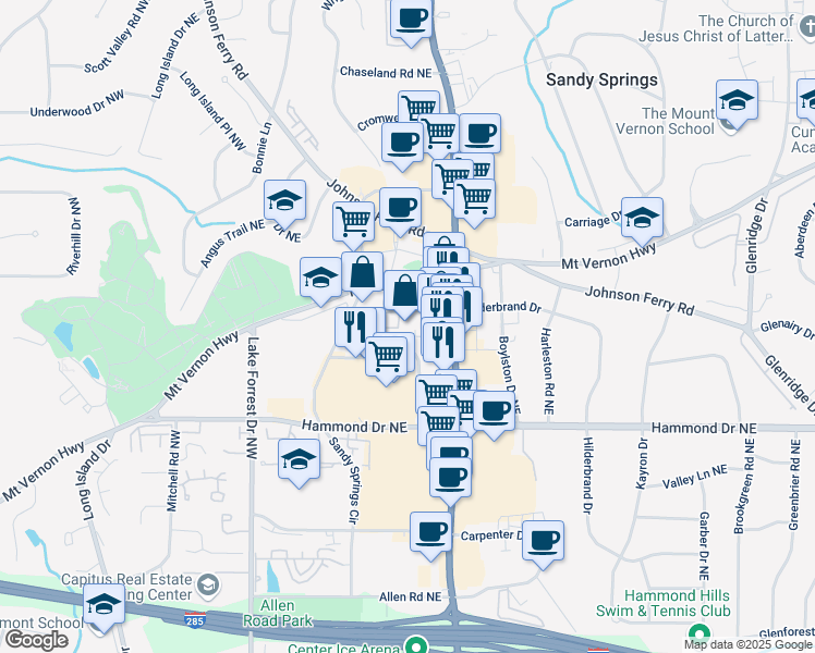 map of restaurants, bars, coffee shops, grocery stores, and more near 215 Hilderbrand Drive in Atlanta