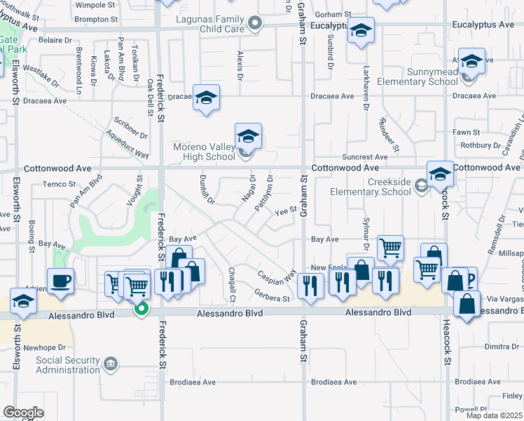 map of restaurants, bars, coffee shops, grocery stores, and more near 13668 Pattilynn Drive in Moreno Valley