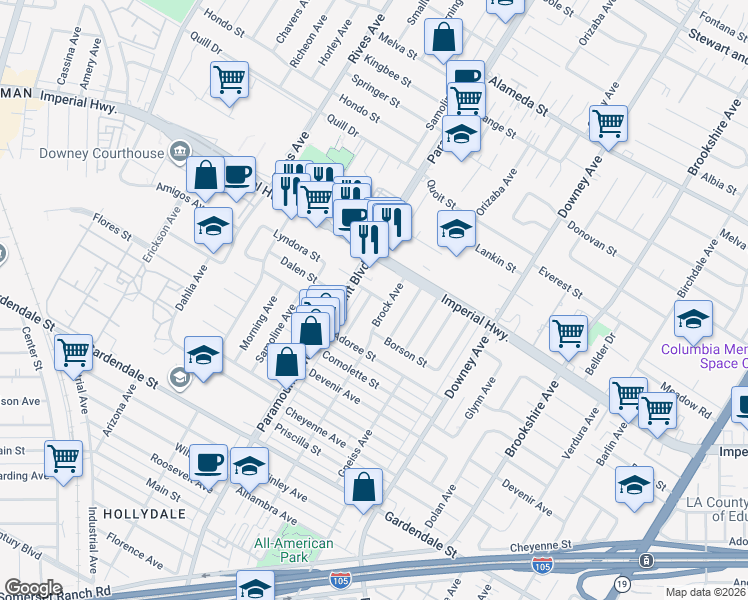 map of restaurants, bars, coffee shops, grocery stores, and more near 8028 Lyndora Street in Downey
