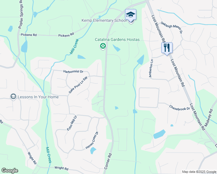 map of restaurants, bars, coffee shops, grocery stores, and more near 5247 Hayden Farms Drive in Powder Springs