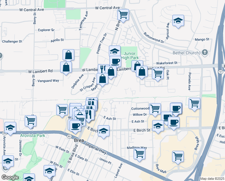 map of restaurants, bars, coffee shops, grocery stores, and more near 270 North Orange Avenue in Brea