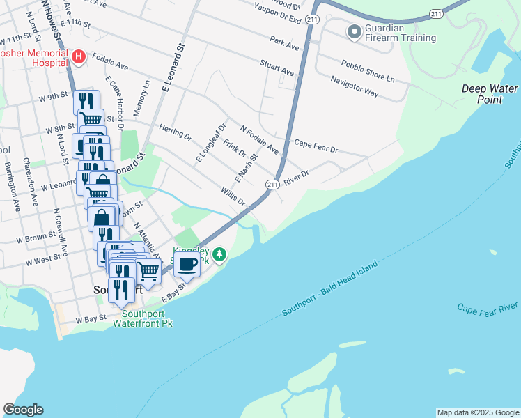 map of restaurants, bars, coffee shops, grocery stores, and more near 712 East Moore Street in Southport