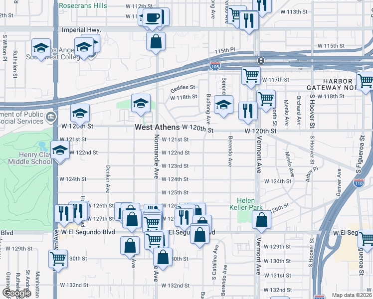 map of restaurants, bars, coffee shops, grocery stores, and more near 1243 West 122nd Street in Los Angeles