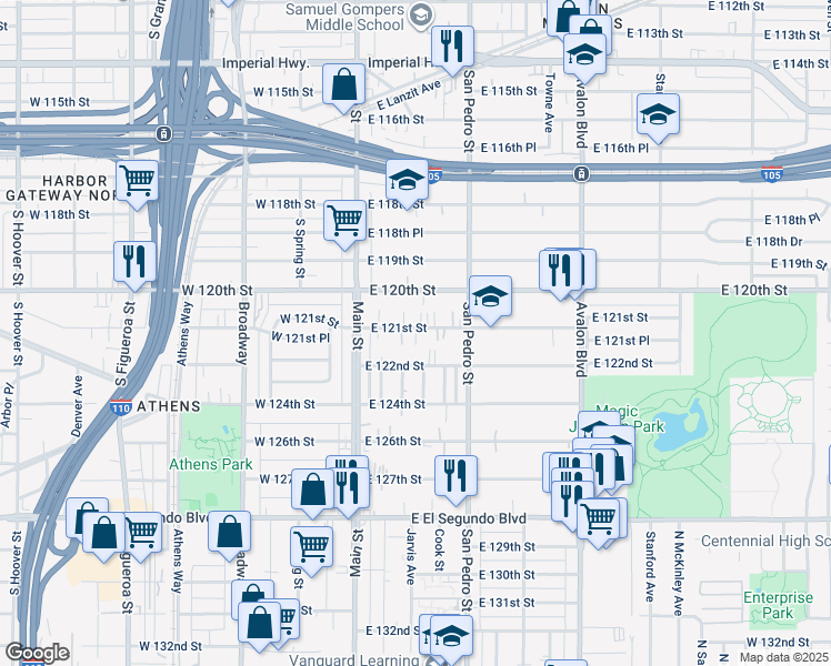 map of restaurants, bars, coffee shops, grocery stores, and more near 202 East 121st Street in Los Angeles
