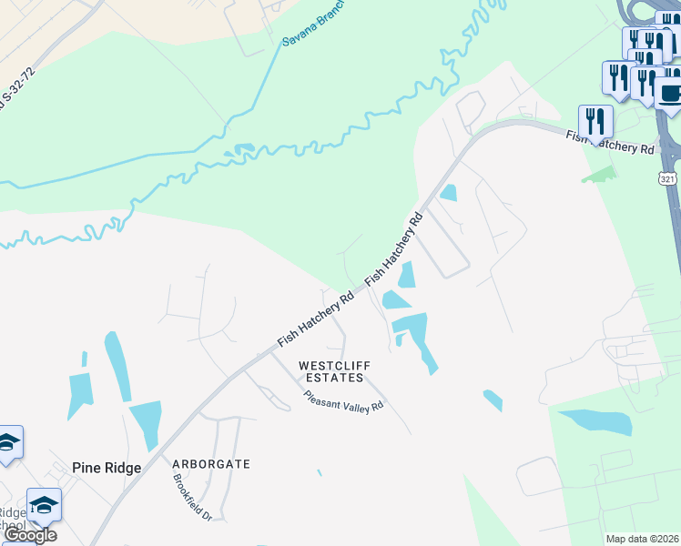 map of restaurants, bars, coffee shops, grocery stores, and more near 2592 Fish Hatchery Road in West Columbia
