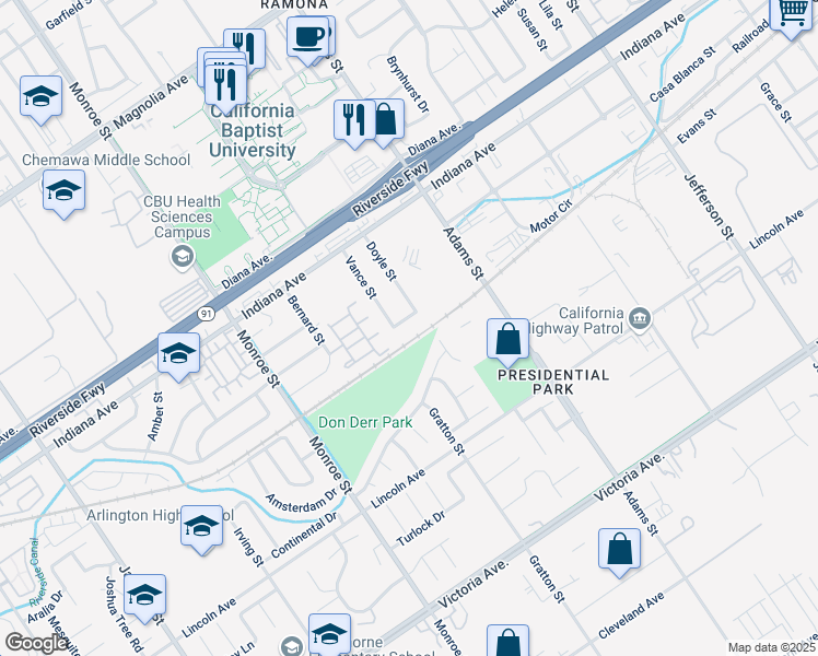 map of restaurants, bars, coffee shops, grocery stores, and more near 8456 Lucas Street in Riverside