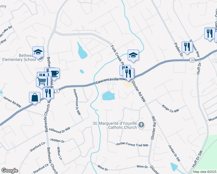 map of restaurants, bars, coffee shops, grocery stores, and more near 303 Oldvine Drive in Lawrenceville