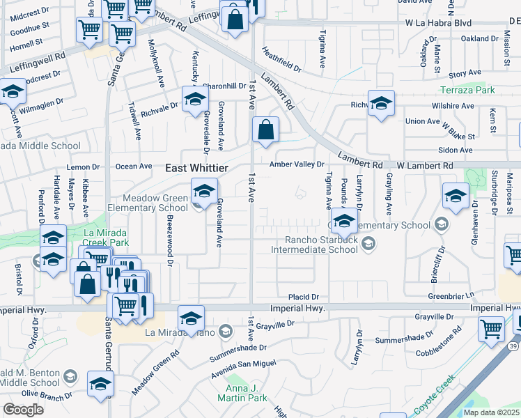 map of restaurants, bars, coffee shops, grocery stores, and more near 12017 Lavender Lane in Whittier