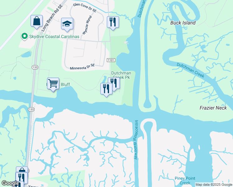 map of restaurants, bars, coffee shops, grocery stores, and more near 5005 O'Quinn Boulevard Southeast in Southport