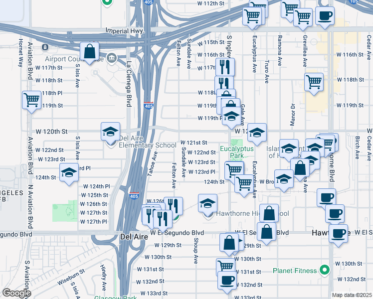 map of restaurants, bars, coffee shops, grocery stores, and more near 4939 West 122nd Street in Hawthorne