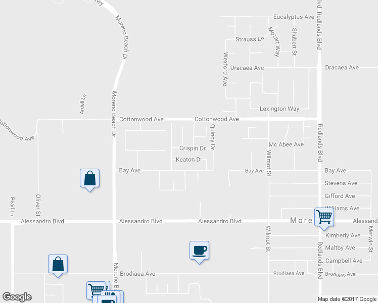 map of restaurants, bars, coffee shops, grocery stores, and more near 28365 Crispin Drive in Moreno Valley