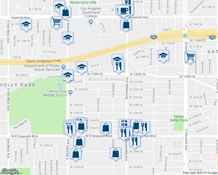 map of restaurants, bars, coffee shops, grocery stores, and more near 1519 West 122nd Street in Los Angeles