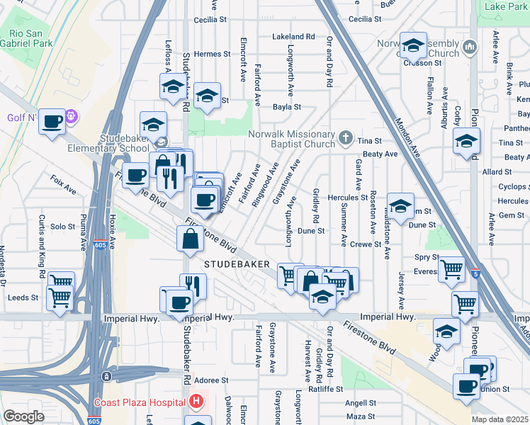 map of restaurants, bars, coffee shops, grocery stores, and more near 12065 Graystone Avenue in Norwalk