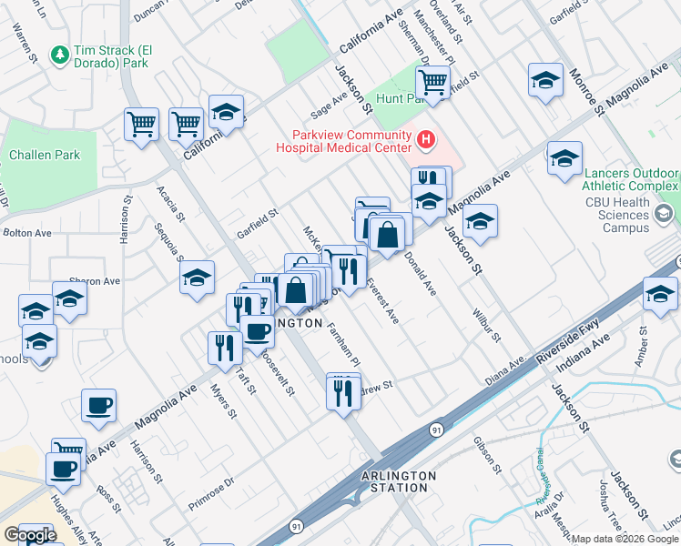 map of restaurants, bars, coffee shops, grocery stores, and more near 9345 Magnolia Avenue in Riverside