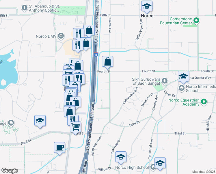 map of restaurants, bars, coffee shops, grocery stores, and more near 1528 Elm Drive in Norco