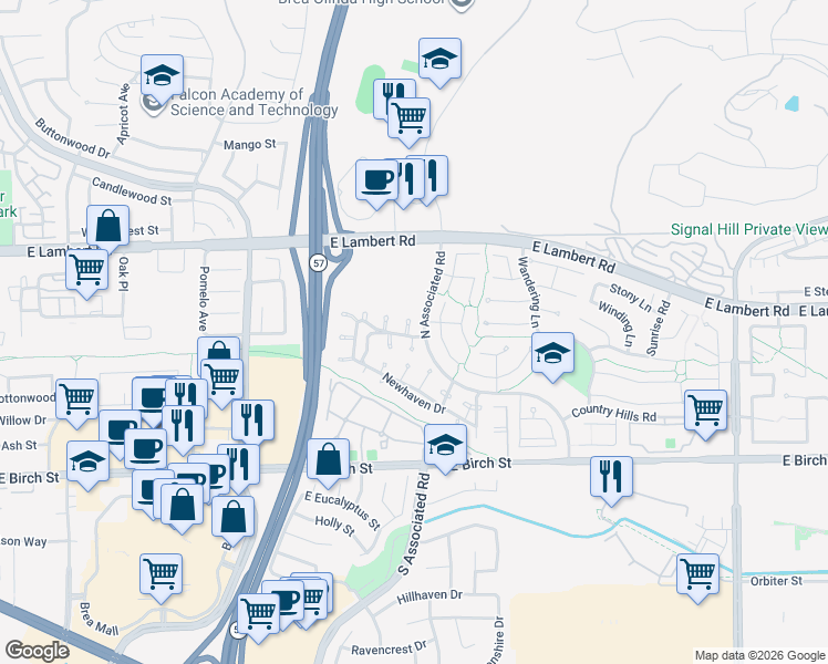 map of restaurants, bars, coffee shops, grocery stores, and more near 276 Creekwood Court in Brea