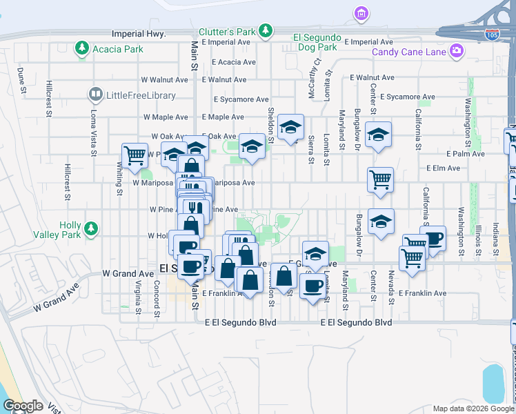 map of restaurants, bars, coffee shops, grocery stores, and more near 403 East Pine Avenue in El Segundo