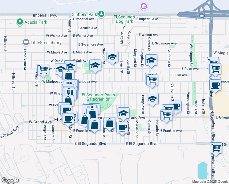 map of restaurants, bars, coffee shops, grocery stores, and more near 504 Penn Street in El Segundo