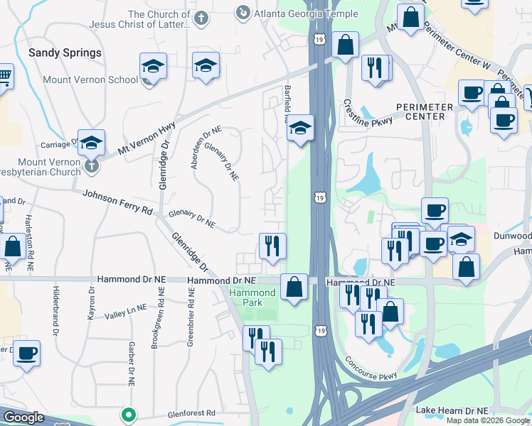 map of restaurants, bars, coffee shops, grocery stores, and more near 258 The South Chace Northeast in Atlanta