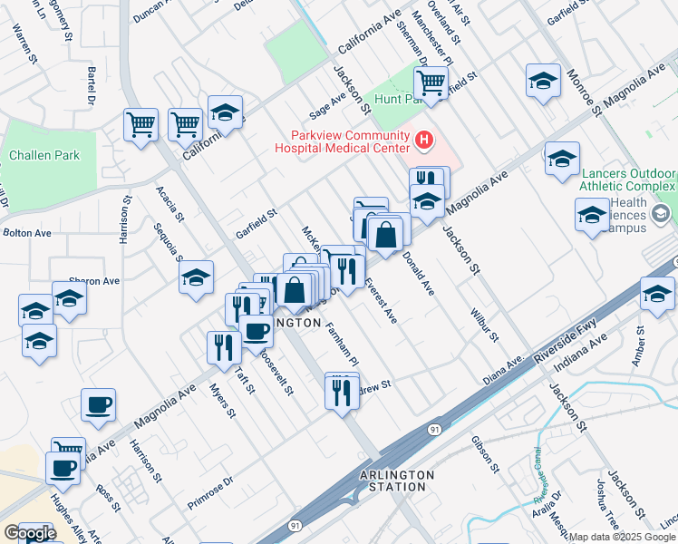 map of restaurants, bars, coffee shops, grocery stores, and more near 9345 Magnolia Avenue in Riverside