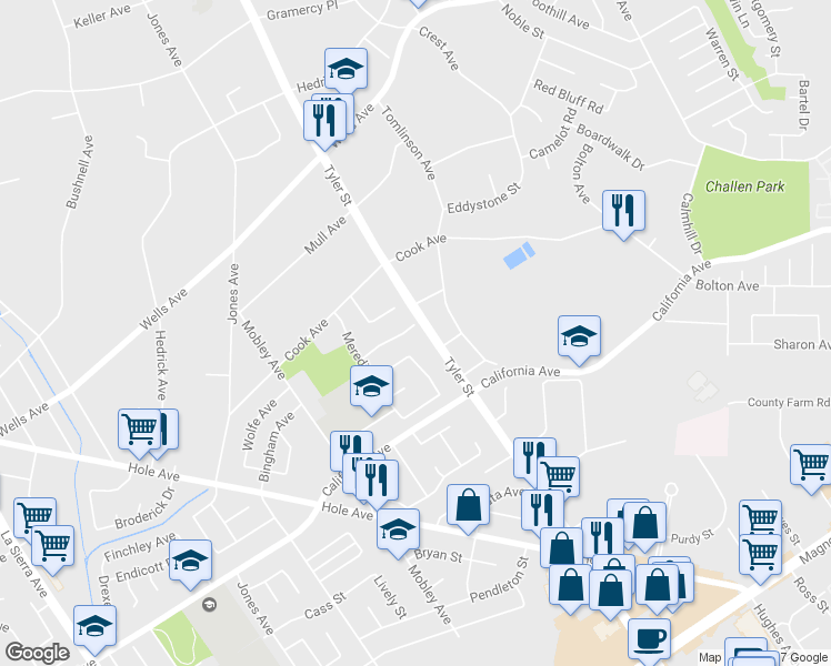 map of restaurants, bars, coffee shops, grocery stores, and more near 10308 Adriana Avenue in Riverside