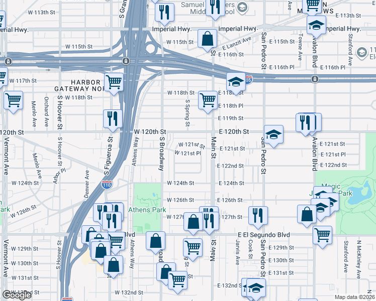 map of restaurants, bars, coffee shops, grocery stores, and more near 213 West 121st Place in Los Angeles