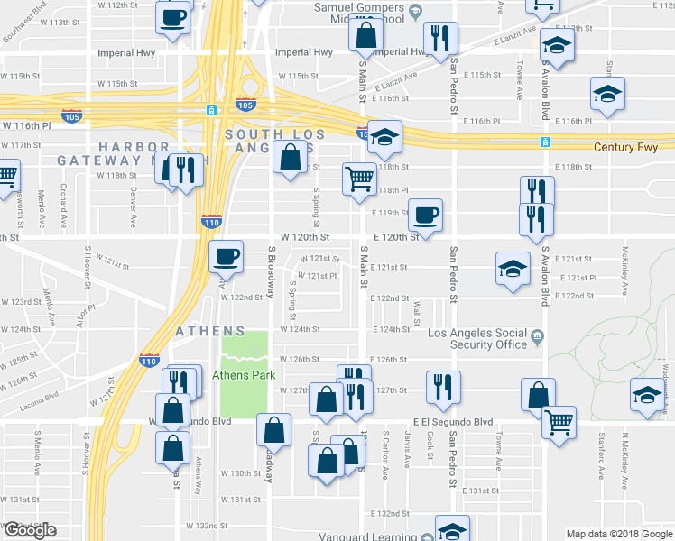 map of restaurants, bars, coffee shops, grocery stores, and more near 133 West 121st Place in Los Angeles