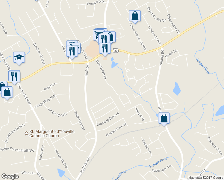 map of restaurants, bars, coffee shops, grocery stores, and more near 109 Oak Green Drive in Lawrenceville