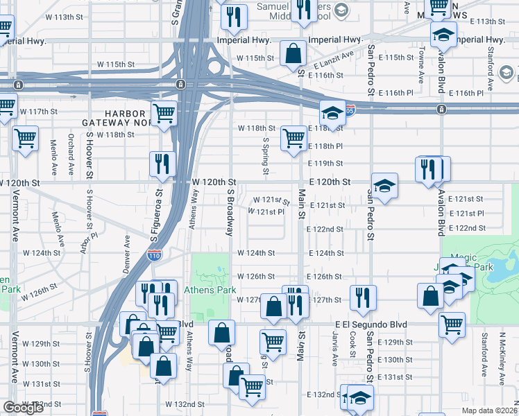 map of restaurants, bars, coffee shops, grocery stores, and more near 213 West 121st Place in Los Angeles