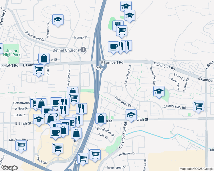 map of restaurants, bars, coffee shops, grocery stores, and more near 1735 Wisteria Drive in Brea