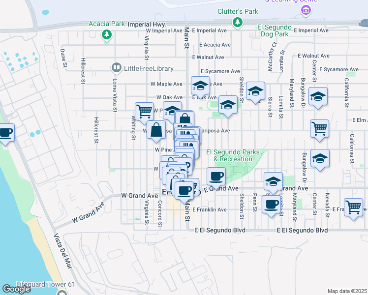 map of restaurants, bars, coffee shops, grocery stores, and more near 506 1/2 Main Street in El Segundo