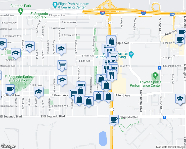 map of restaurants, bars, coffee shops, grocery stores, and more near 502 Washington Street in El Segundo