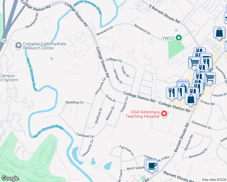 map of restaurants, bars, coffee shops, grocery stores, and more near 1054 College Station Road in Athens