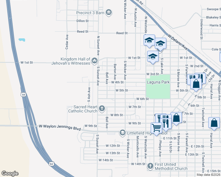 map of restaurants, bars, coffee shops, grocery stores, and more near 1215 West 5th Street in Littlefield