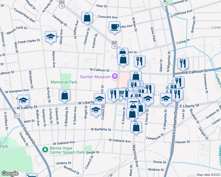 map of restaurants, bars, coffee shops, grocery stores, and more near 211 West Hampton Avenue in Sumter