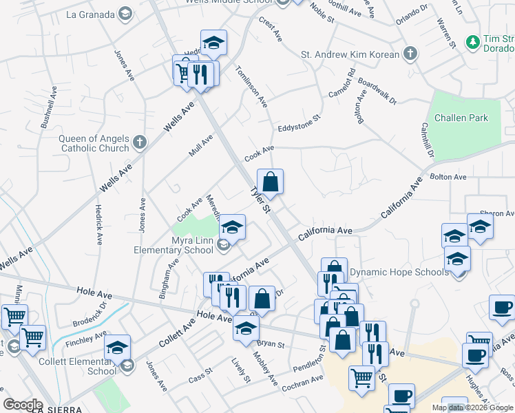 map of restaurants, bars, coffee shops, grocery stores, and more near 10308 Adriana Avenue in Riverside