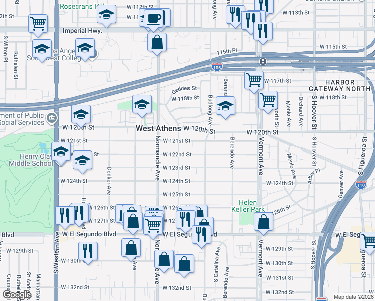 map of restaurants, bars, coffee shops, grocery stores, and more near 1243 West 122nd Street in Los Angeles