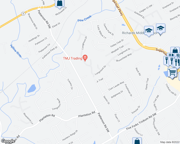 map of restaurants, bars, coffee shops, grocery stores, and more near 1974 Longmont Drive in Lawrenceville