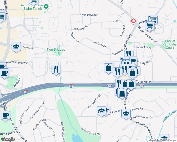 map of restaurants, bars, coffee shops, grocery stores, and more near 1596 Old Spring House Lane in Dunwoody