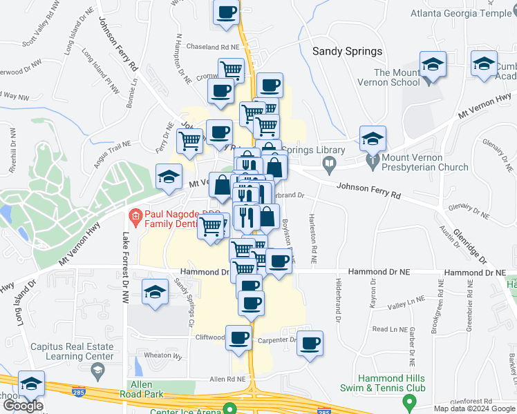 map of restaurants, bars, coffee shops, grocery stores, and more near in Sandy Springs