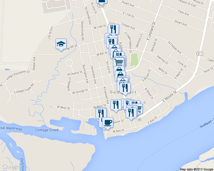 map of restaurants, bars, coffee shops, grocery stores, and more near 209 West George Street in Southport