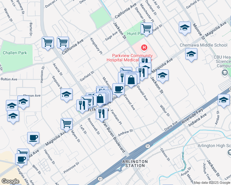 map of restaurants, bars, coffee shops, grocery stores, and more near 9345 Magnolia Avenue in Riverside