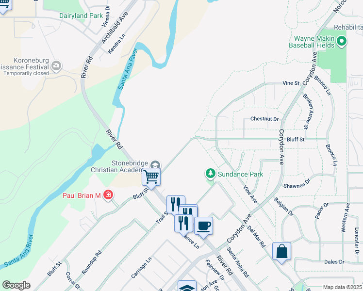 map of restaurants, bars, coffee shops, grocery stores, and more near 4047 Bluff Street in Norco