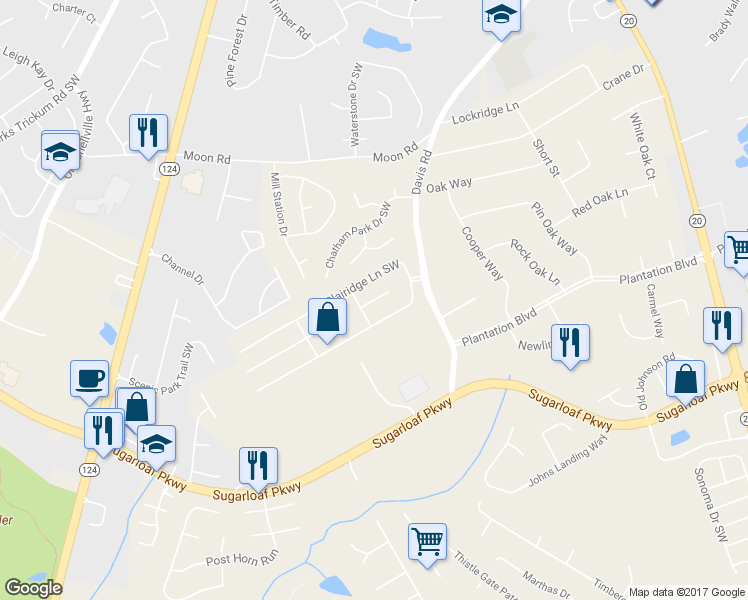 map of restaurants, bars, coffee shops, grocery stores, and more near 753 Clairidge Oak Court in Lawrenceville
